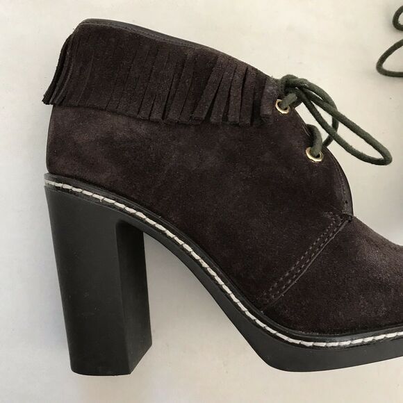 Tory Burch Hilary Suede Fringe Fur Lined Lace Up Chunky Booties FLAW - Picture 5 of 11